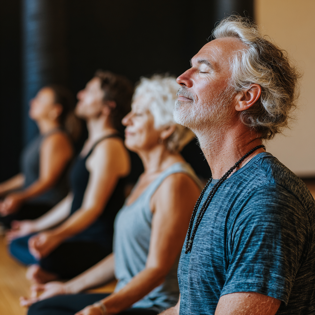 experienced yoga instructor guiding middle-aged students in peaceful practice