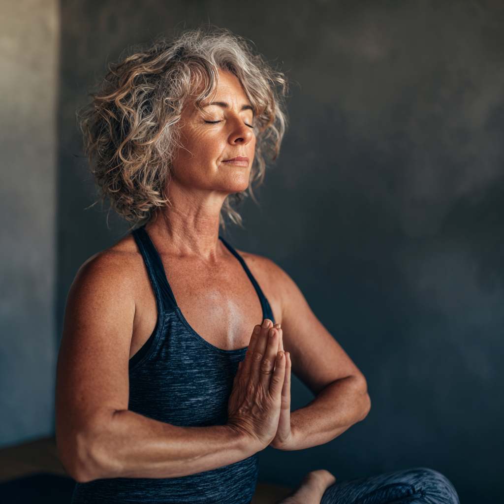 mature woman practicing peaceful yoga meditation in serene studio environment
