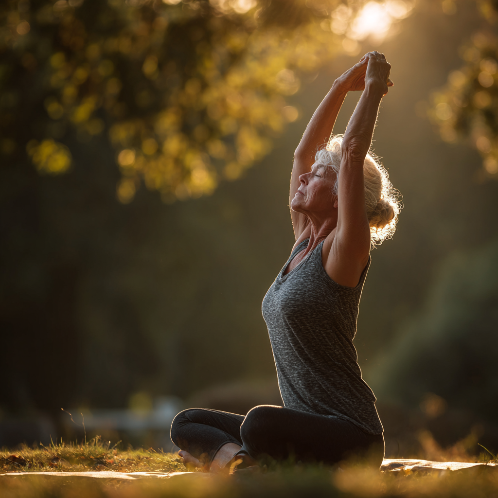 senior adult practicing yoga poses in peaceful natural setting
